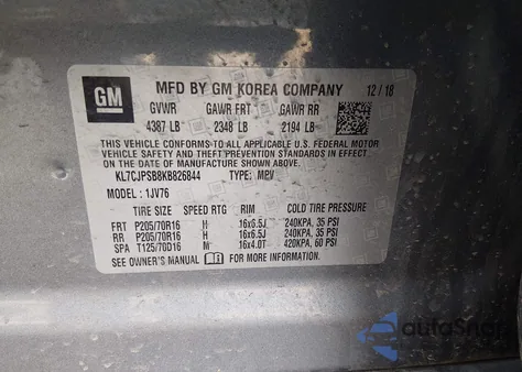 2019 Chevrolet Trax Lt из США, поврежденный, VIN KL7CJPSB8KB826844